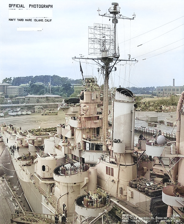 USS Astoria at Mare Island naval Shipyard, California, United States, 21 Oct 1944; photo 2 of 4 [Colorized by WW2DB]