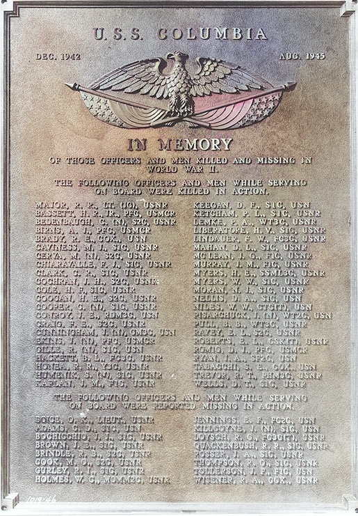 Memorial plaque aboard USS Columbia, 1946 [Colorized by WW2DB]