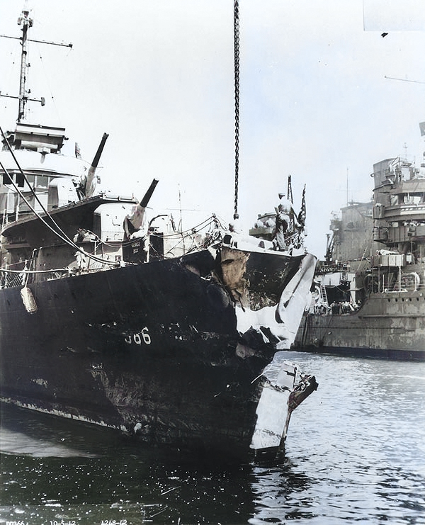 Drayton's damaged bow after colliding with destroyer Flusser, Pearl Harbor, 5 Oct 1942; note cruiser Portland and carrier Saratoga partially visible in background [Colorized by WW2DB]