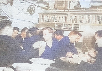 Sailors' mess aboard USS Harder, date unknown [Colorized by WW2DB]