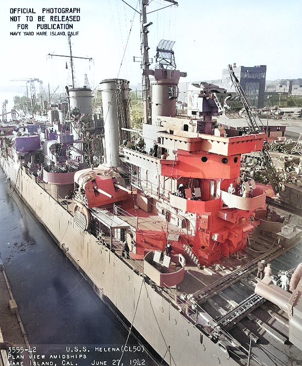 USS Helena at Mare Island Navy Yard, Vallejo, California, United States, 27 Jun 1942 [Colorized by WW2DB]