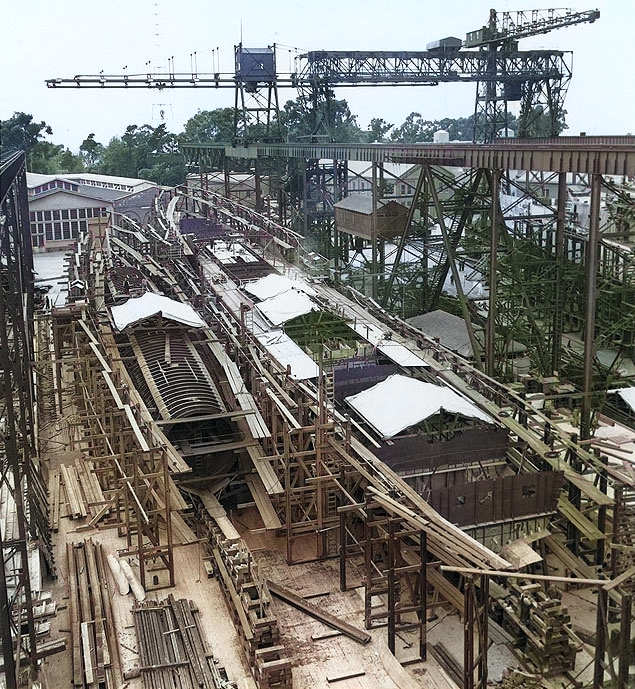 Submarine Pompano and destroyer Henley under construction at the Mare Island Navy Yard, California, United States, 16 Apr 1936 [Colorized by WW2DB]