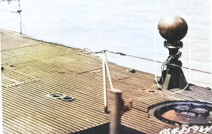 USS Hoe at Mare Island Naval Shipyard, California, United States, 20 Jun 1945, photo 2 of 2; note circle showing recently received equipment [Colorized by WW2DB]