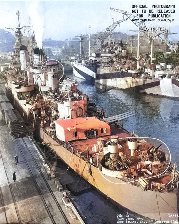 View of Indianapolis' port quarter, Mare Island Navy Yard, 7 Dec 1944 [Colorized by WW2DB]