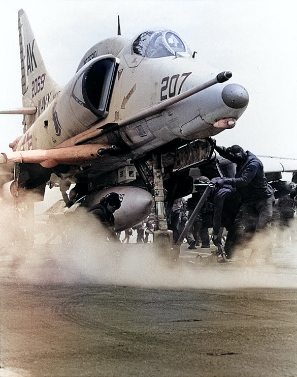 A-4F Skyhawk attack aircraft ready to launch from a steam catapult aboard USS Intrepid, Gulf of Tonkin, Sep 1968 [Colorized by WW2DB]