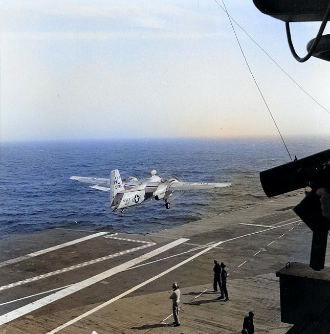 S2F-1 Tracker anti-submarine aircraft of VS-27 squadron taking off from Intrepid, Jul 1962 [Colorized by WW2DB]