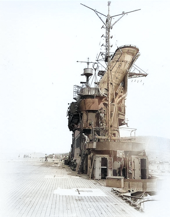 The island of carrier Junyo as viewed from the flight deck, looking forward, Sasebo, Japan, 19 Oct 1945; note the Type 3 radar antenna on the mainmast [Colorized by WW2DB]