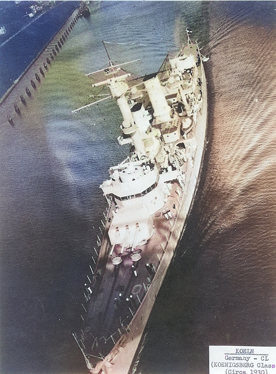 German light cruiser Köln underway in confined waters, circa 1930, photo 2 of 2 [Colorized by WW2DB]