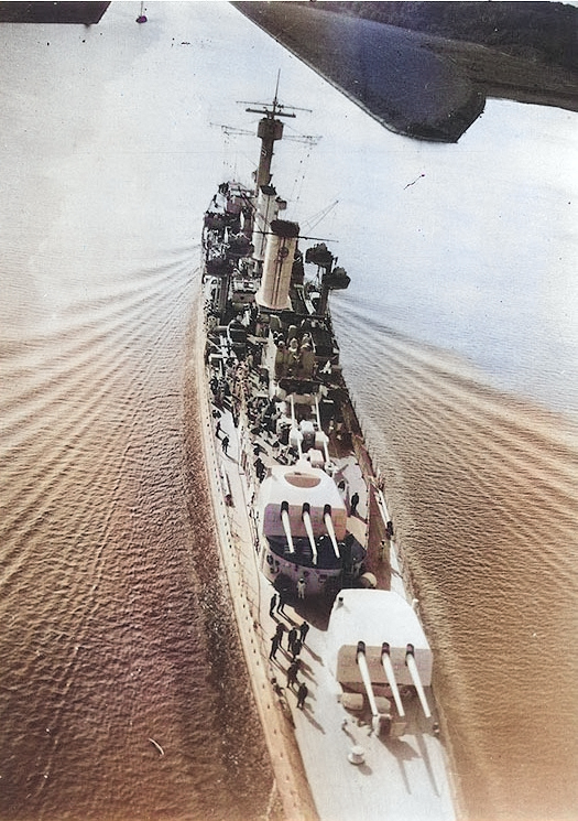 German light cruiser Köln underway in confined waters, circa 1930, photo 1 of 2; note off-centerline positioning of turrets [Colorized by WW2DB]