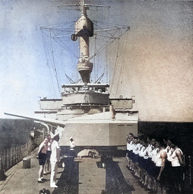 Crewmen of Königsberg on her foredeck, circa 1931 [Colorized by WW2DB]