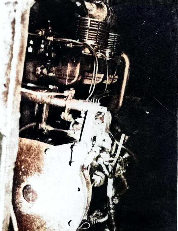 The 6-cyl diesel engine of a Koryu type submarine, looking aft, Oct-Dec 1945, copied from the U.S. Naval Technical Mission to Japan Report S-01-7, Jan 1946, pg 118, fig 128 [Colorized by WW2DB]