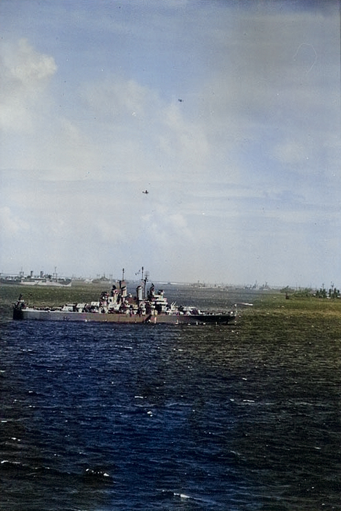 USS Miami, probably at Ulithi, Caroline Islands, Mar 1945; photo taken from USS West Virginia [Colorized by WW2DB]