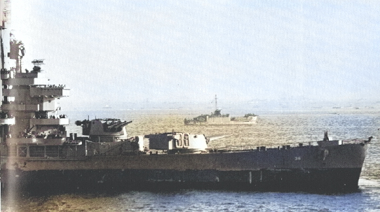 Minneapolis off Okinawa, Japan, 1 Apr 1945 [Colorized by WW2DB]