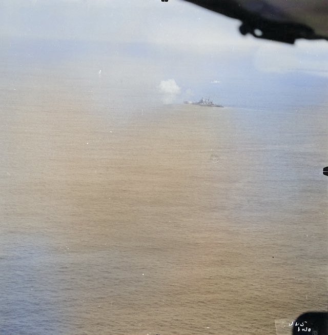 USS North Carolina bombarding Iwo Jima, Japan, 19-22 Feb 1945 [Colorized by WW2DB]