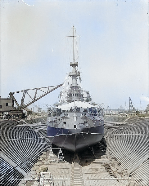 USS Oregon in drydock at New York Navy Yard, Brooklyn, New York, United States, Sep 1898 [Colorized by WW2DB]
