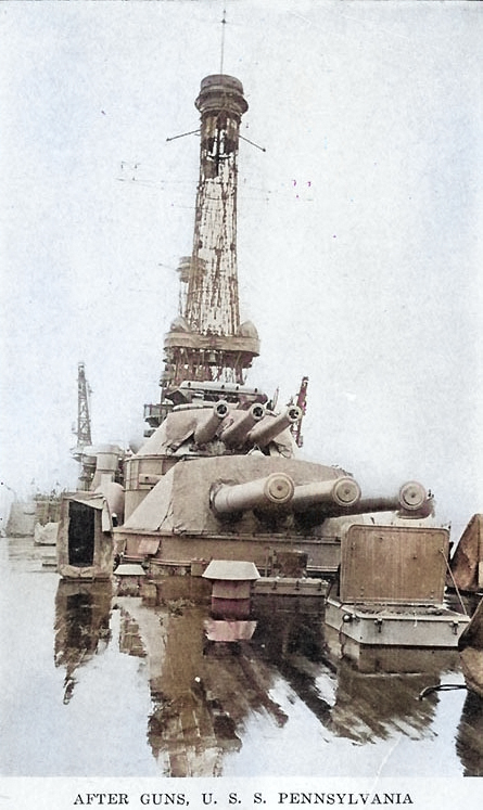 Pennsylvania's after turrets and main mast as published in a pictorial souvenir collection, circa late 1918 [Colorized by WW2DB]