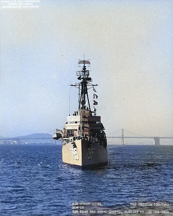 USS Preston off San Francisco Naval Shipyard, California, United States, 22 Oct 1966, photo 5 of 6 [Colorized by WW2DB]