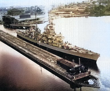 Captured German cruiser Prinz Eugen in the Panama Canal en route to Bikini Atoll, 1946 [Colorized by WW2DB]