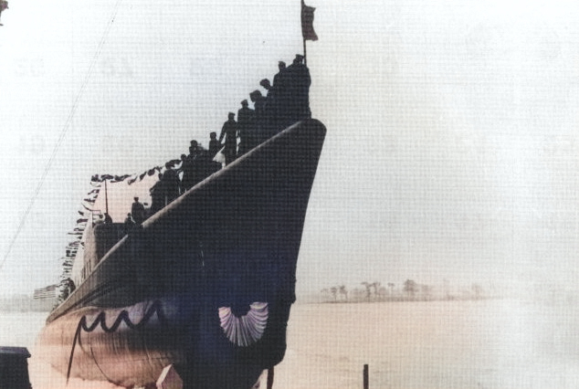 Launching of submarine Runner, Portsmouth Naval Shipyard, Kittery, Maine, United States, 30 May 1942 [Colorized by WW2DB]