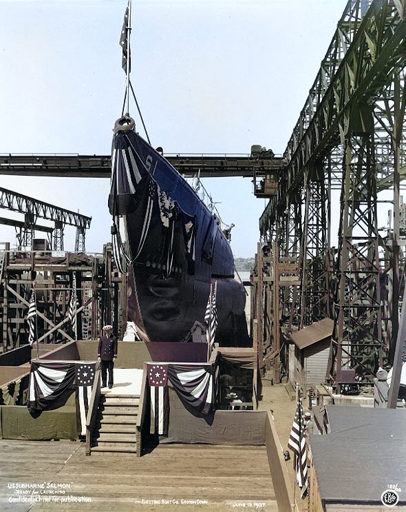 Salmon ready for launching at the Electric Boat Company shipyard, Groton, Connecticut, United States, 12 Jun 1937 [Colorized by WW2DB]