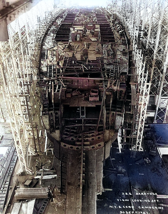 Saratoga's incomplete hull at New York Shipbuilding Company shipyard, Camden, New Jersey, United States, 30 Sep 1921, photo 2 of 2 [Colorized by WW2DB]