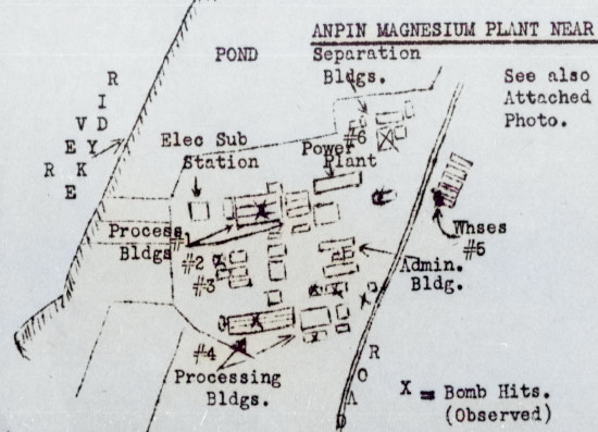 Hand-drawn post-raid map of Kaneka Soda Company chemical plant (mis-identified as a magnesium plant) by personnel of Air Group 80 aboard USS Ticonderoga, 15 Jan 1945 or later; the facilities were located in Anpin District, Tainan, Taiwan [Colorized by WW2DB]