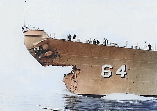 Damaged bow of USS Wisconsin, circa May-Jun 1956 [Colorized by WW2DB]