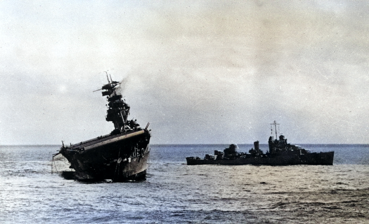 Destroyer Balch guarded Yorktown as the carrier was being abandoned, 4 Jun 1942, photo 1 of 2 [Colorized by WW2DB]