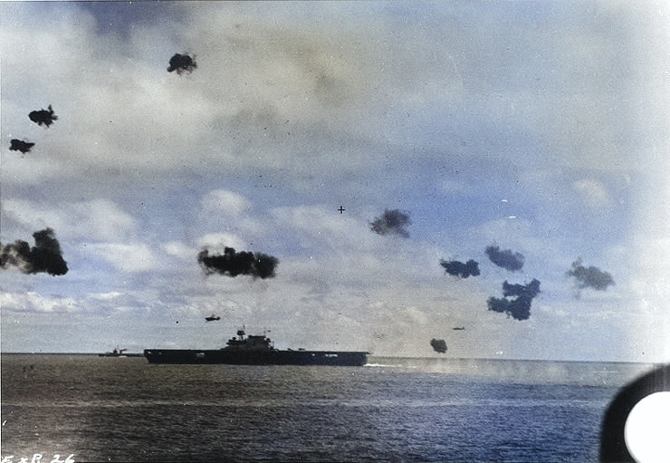Two B5N Type 97 torpedo bombers flew by carrier Yorktown and destroyer Morris, 4 Jun 1942, photo 1 of 2 [Colorized by WW2DB]
