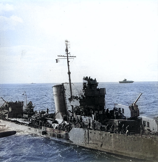 Destroyer Benham with 720 survivors of Yorktown on board, at 1900 on 4 Jun 1942; Yorktown in the distance [Colorized by WW2DB]