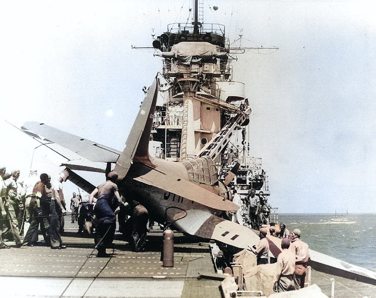 US Navy pilot C.M. O'Brien's TBD-1 Devastator aircraft crashed into Yorktown's starboard catwalk in a landing accident, 3 Sep 1940 [Colorized by WW2DB]