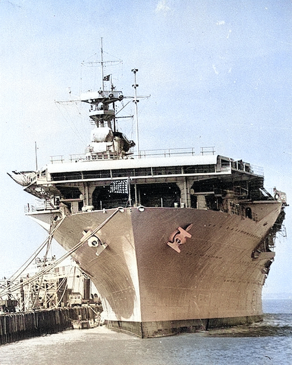 USS Yorktown at Naval Operating Base Norfolk, Virginia, United States, Oct 1937; note flag of Rear Admiral Charles Blakely [Colorized by WW2DB]