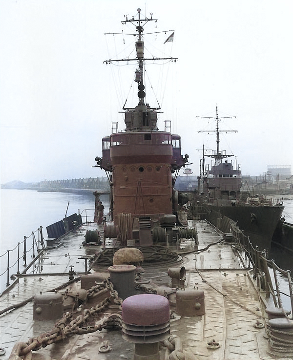 Yukikaze and Shisaka at Tokyo, Japan, 26 May 1947, photo 1 of 2 [Colorized by WW2DB]