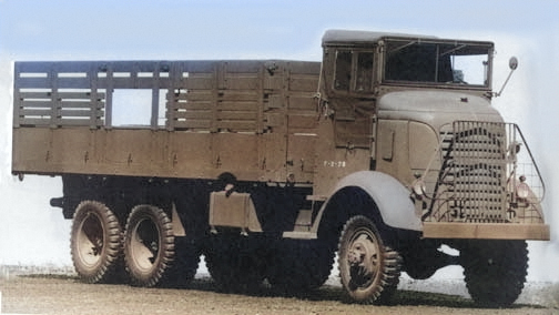 GMC AFKWX 2 1/2-ton 6x6 transport truck, a predecessor to and cab-over version of the CCKW, date unknown [Colorized by WW2DB]