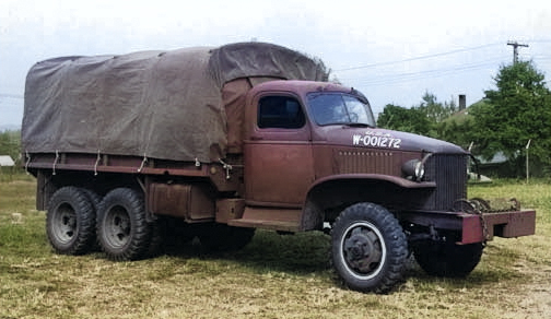 Early GMC CCKW 2 1/2-ton 6x6 closed cab long wheel base transport with winch, Pontiac, Michigan, United States, 1940 [Colorized by WW2DB]