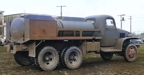 GMC CCKW 2 1/2-ton 6x6 closed cab gasoline tanker, 1940; it was capable of carrying 750 gallons of fuel [Colorized by WW2DB]