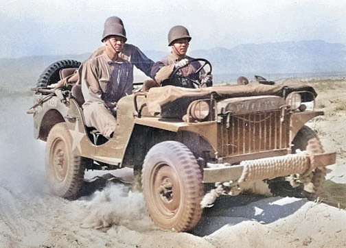 Willys MA jeep at the Desert Training Center, Indio, California, United States, Jun 1942 [Colorized by WW2DB]