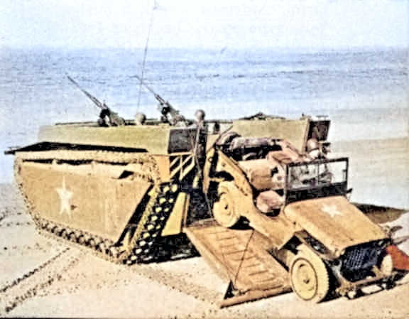 LVT-4 Water Buffalo unloading a Jeep, date unknown [Colorized by WW2DB]