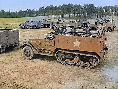 American crews of M2 Half-track vehicles training at Fort Benning, Georgia, United States, Apr-Jun 1942 [Colorized by WW2DB]