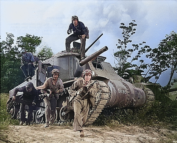 Training crew posing with their M3 medium tank at Fort Knox, Kentucky, United States, Jun 1942 [Colorized by WW2DB]