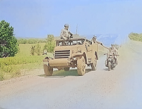 M3A1 Scout Car in exercise, Fort Riley, Kansas, United States, date unknown, photo 3 of 4 [Colorized by WW2DB]