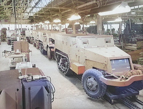 M2 Half-track vehicles under construction, Diebold Safe and Lock Company factory, Canton, Ohio, United States, Dec 1941, photo 3 of 4 [Colorized by WW2DB]