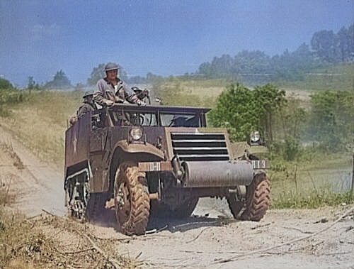 M3 Half-track vehicle at Fort Knox, Kentucky, United States, Jun 1942 [Colorized by WW2DB]