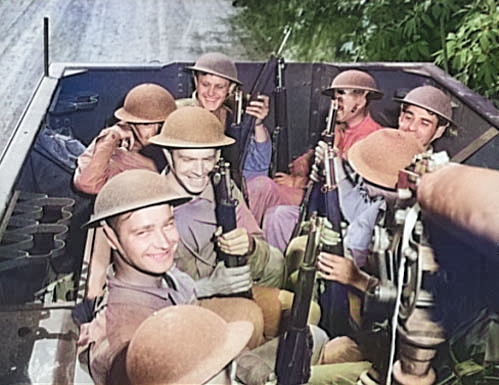 American troops inside a M3 Half-track vehicle during training, Fort Knox, Kentucky, United States, Jun 1942 [Colorized by WW2DB]