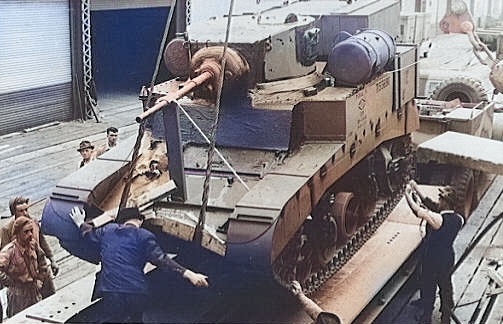 M3 light tank being unloaded in an Australian port, date unknown [Colorized by WW2DB]