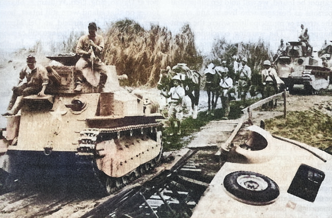 Japanese Type 89 I-Go medium tanks and troops moving toward Manila, Philippine Islands, 22 Dec 1941 [Colorized by WW2DB]