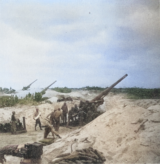 155mm Gun M1 of US 420th Field Artillery Group set up on Keise Shima near Okinawa, Japan, Apr 1945 [Colorized by WW2DB]