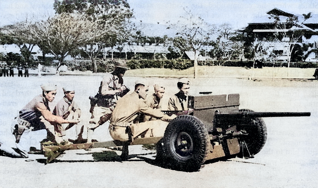 37 mm Gun M3 in service with the Philippine Scouts, Fort William McKinley near Manila, Philippine Islands, circa 1941 [Colorized by WW2DB]