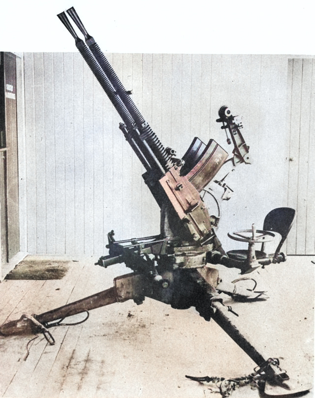 Japanese Navy Type 93 or Japanese Army Type Ho twin 13mm heavy machine gun, seen in US Technical Manual TM-E 30-480: Handbook on Japanese Military Forces [Colorized by WW2DB]