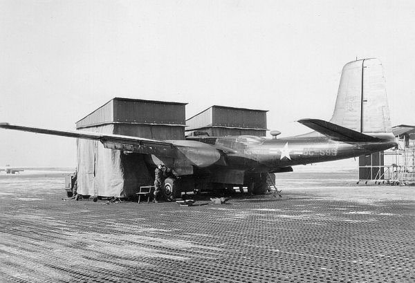 A RB-26C variant of the B-26 Invader in a temporary nose hangar at Toul Air Base, Meurthe-et-Moselle, France, Jan 1953